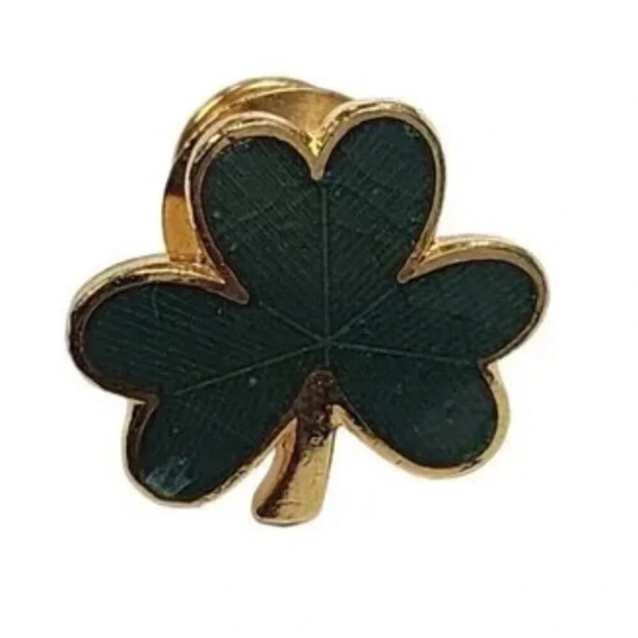 Vintage HMK Marked Hallmark Shamrock Clover Lapel Pin Black Gold Tone - Picture 2 of 3